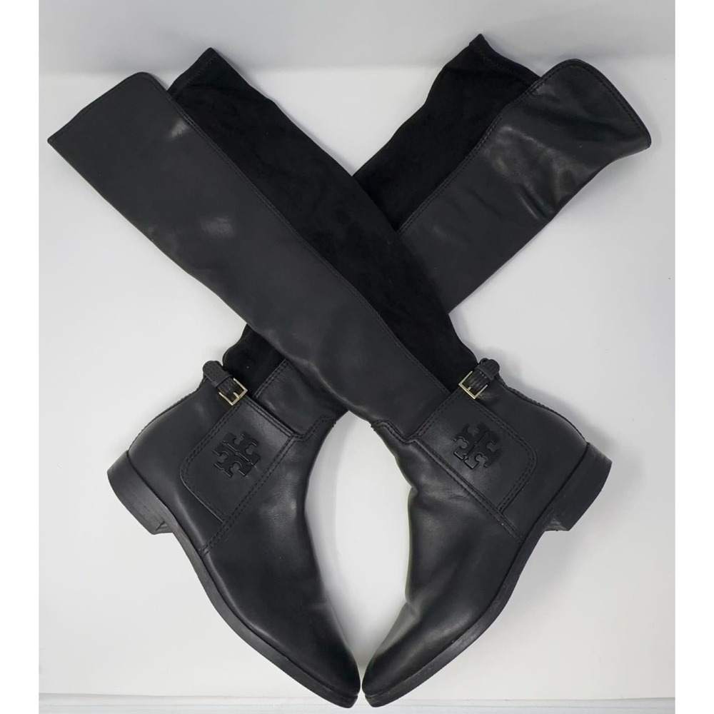 Tory Burch Willa Riding Boots Women's Size 7 Over The Knee Black Leather Suede